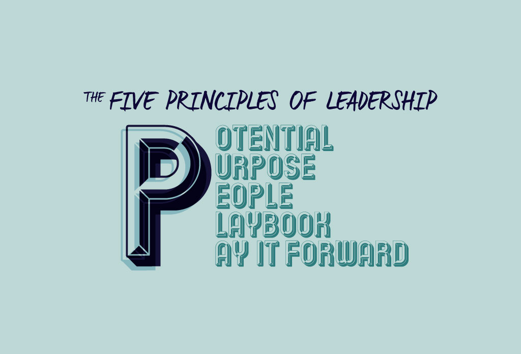 Text that says "The five principles of leadership potential purpose people playbook pay it forward"