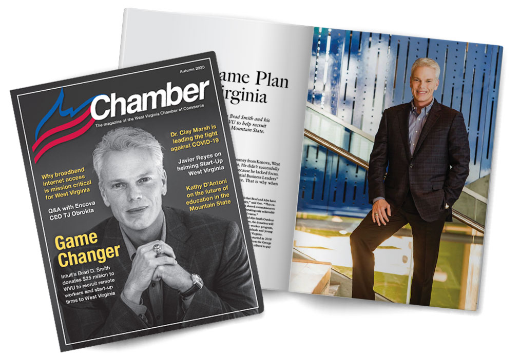 Chamber Magazines with two pictures of the President of Marshall University Brad D. Smith