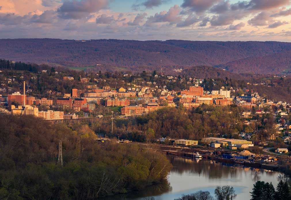 Birds eye view of West Virginia University in Morgantown, West Virginia
