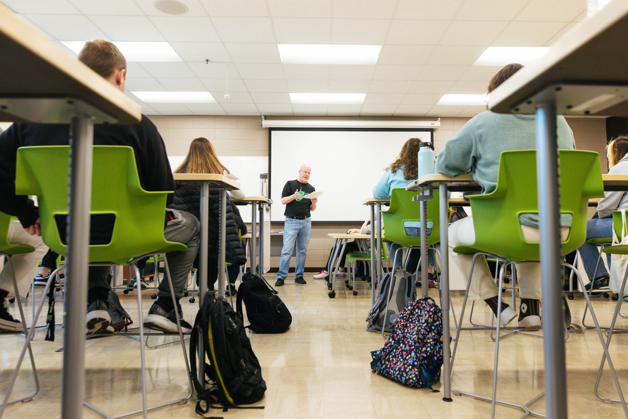 A Marshall University professor lectures to a class of students.