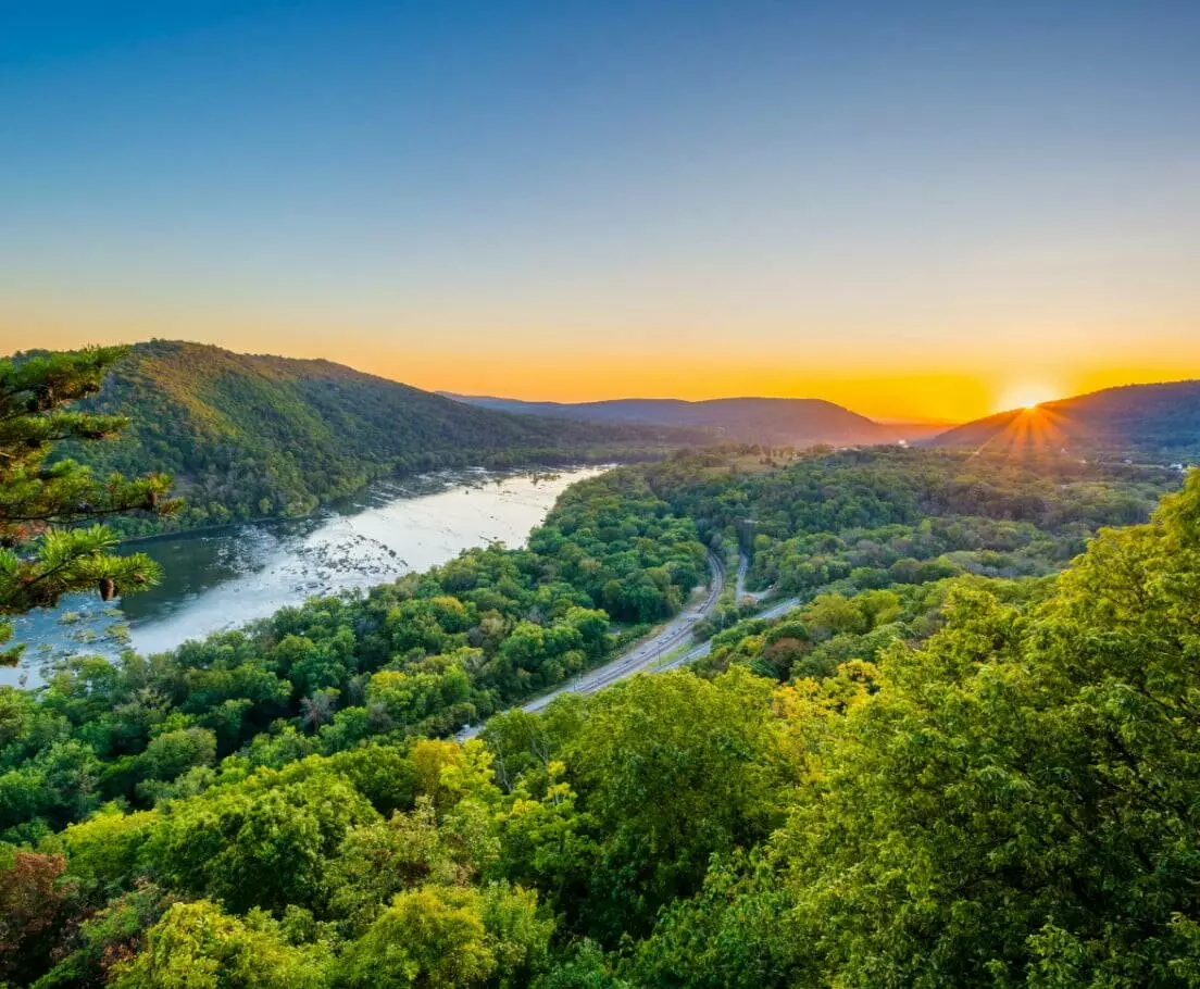 Aerial view of the Weverton Cliffs at sunset.  